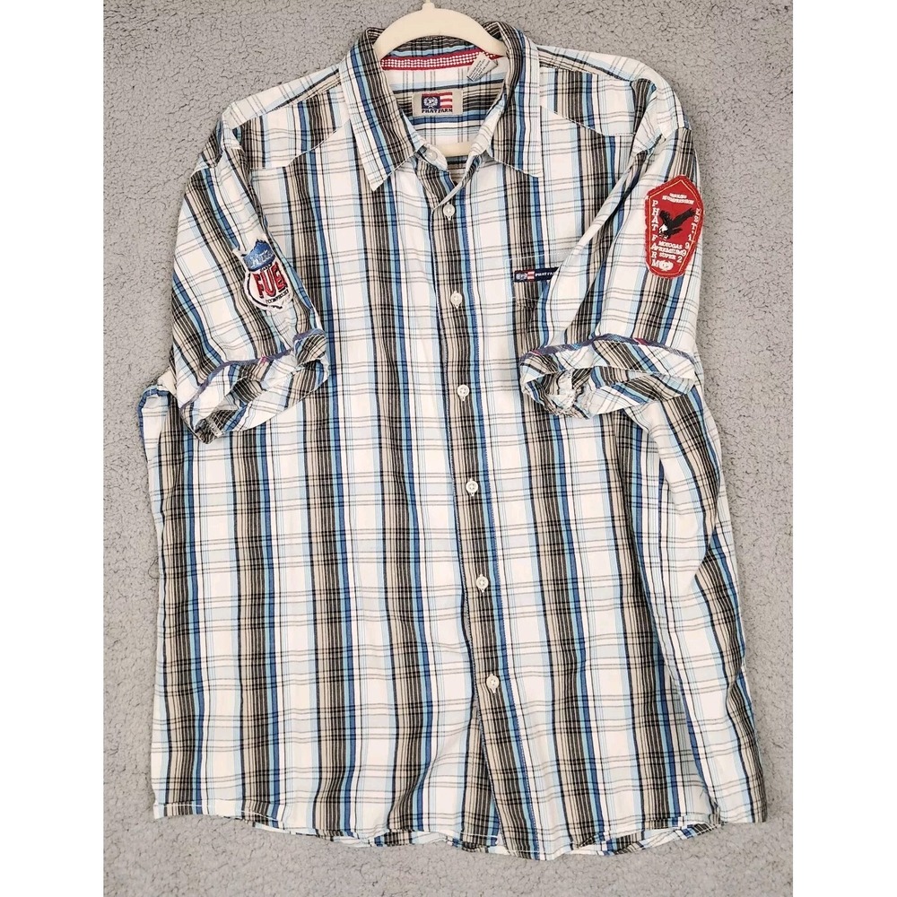 phat farm shirt mens 2xl Vtg plaid embroidered patch button up short sleeve